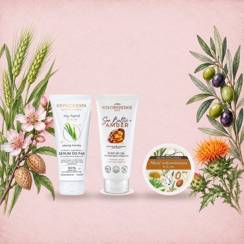 Serum do rąk Krynickie SPA, krem do rąk z bursztynem Kołobrzeskie SPA i Franciszkańska Maść Witaminowa wśród akwarelowych roślin: jęczmień, migdałowiec i oliwka
