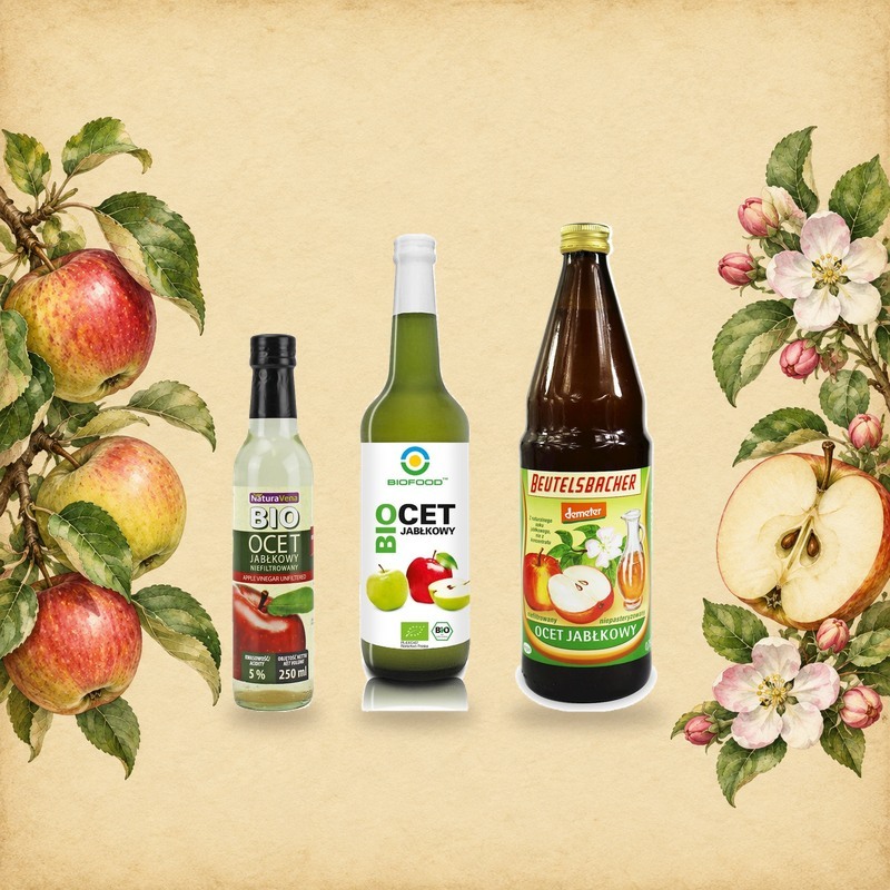 Ocet jabłkowy BIO Naturavena 250 ml, Bio Food 700 ml i Beutelsbacher Demeter 750 ml wśród akwarelowych jabłek, gałązki jabłoni i kwiatów jabłoni
