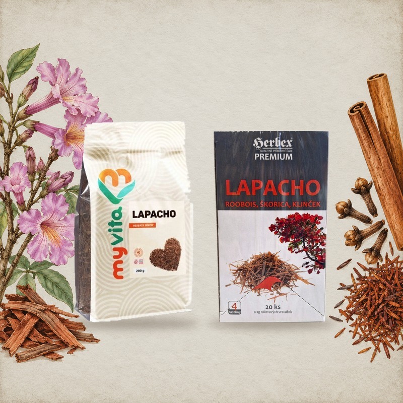 Herbata lapacho: kora krojona MyVita 200 g i saszetki HERBEX Lapacho wśród akwarelowych kwiatów drzewa lapacho, kory cynamonu i goździków