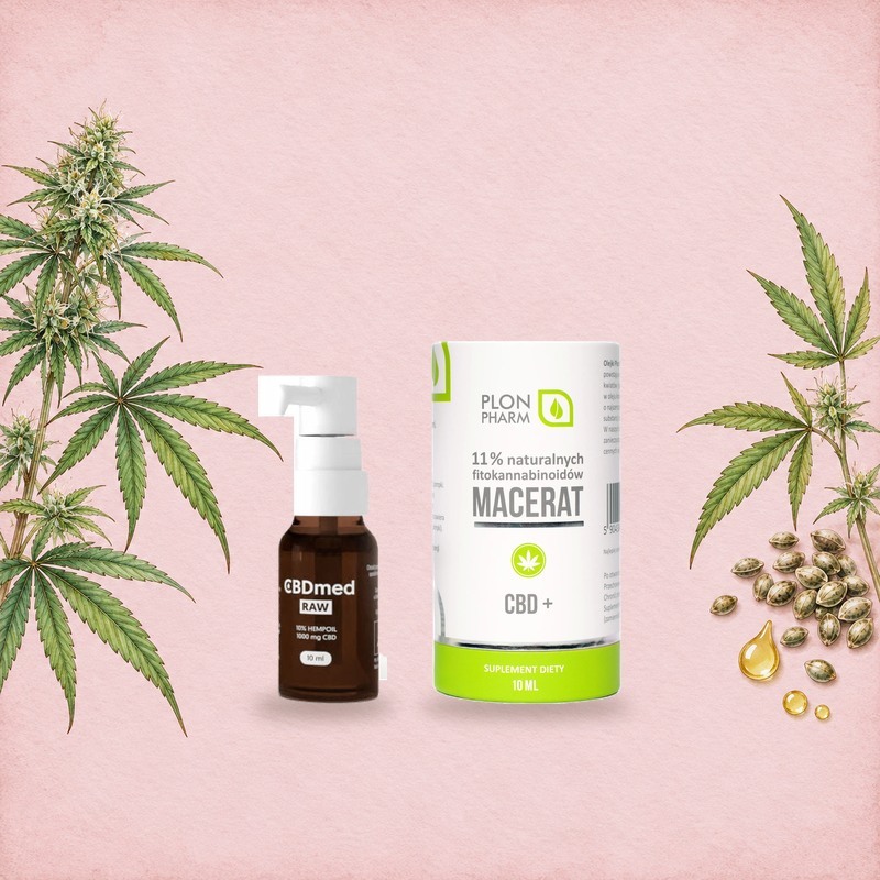 Olej CBD RAW: buteleczki z pompką CBDmed RAW 10 % i Plon Pharm CBD+ wśród akwarelowych liści i kwiatostanów konopi siewnej