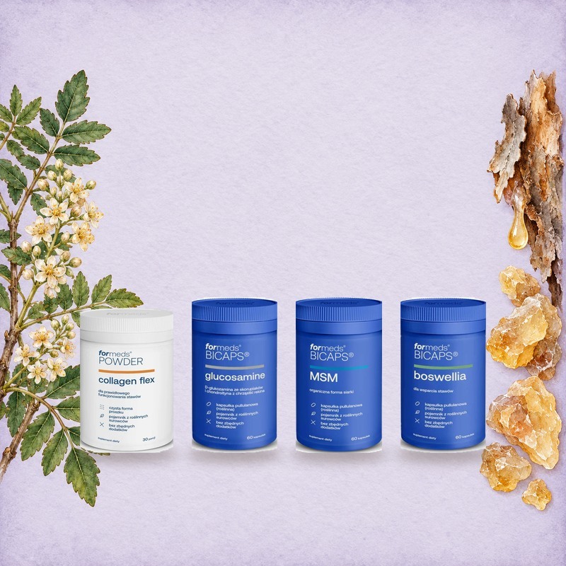 Kolagen na stawy, glukozamina, MSM i boswellia: ForMeds Powder Collagen Flex, Glucosamina, BICAPS MSM i BICAPS Boswellia wśród akwarelowych gałązek kadzidłowca indyjskiego