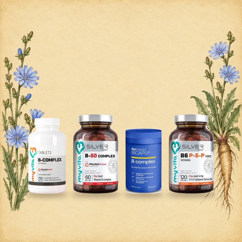 Witaminy z grupy B: MyVita B-Complex, MyVita Silver B-50 MAX Complex, ForMeds BICAPS B complex i MyVita Silver B6 P-5-P Forte wśród akwarelowych kwiatów i korzeni cykorii podróżnik