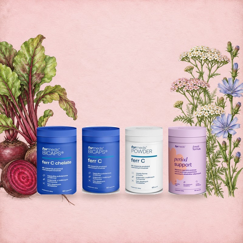 Żelazo bez recepty: ForMeds BICAPS ferr C chelate z diglicynianem, BICAPS ferr C z fumaranem, POWDER ferr C w proszku i Female Formula Period Support wśród akwarelowej cykorii, buraka ćwikłowego i krwawnika