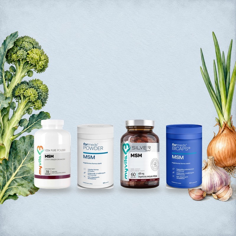 MSM w proszku i w kapsułkach: MyVita MSM proszek 250 g, ForMeds POWDER MSM, MyVita Silver MSM 600 mg i ForMeds BICAPS MSM wśród akwarelowych brokułów, kapusty i cebuli