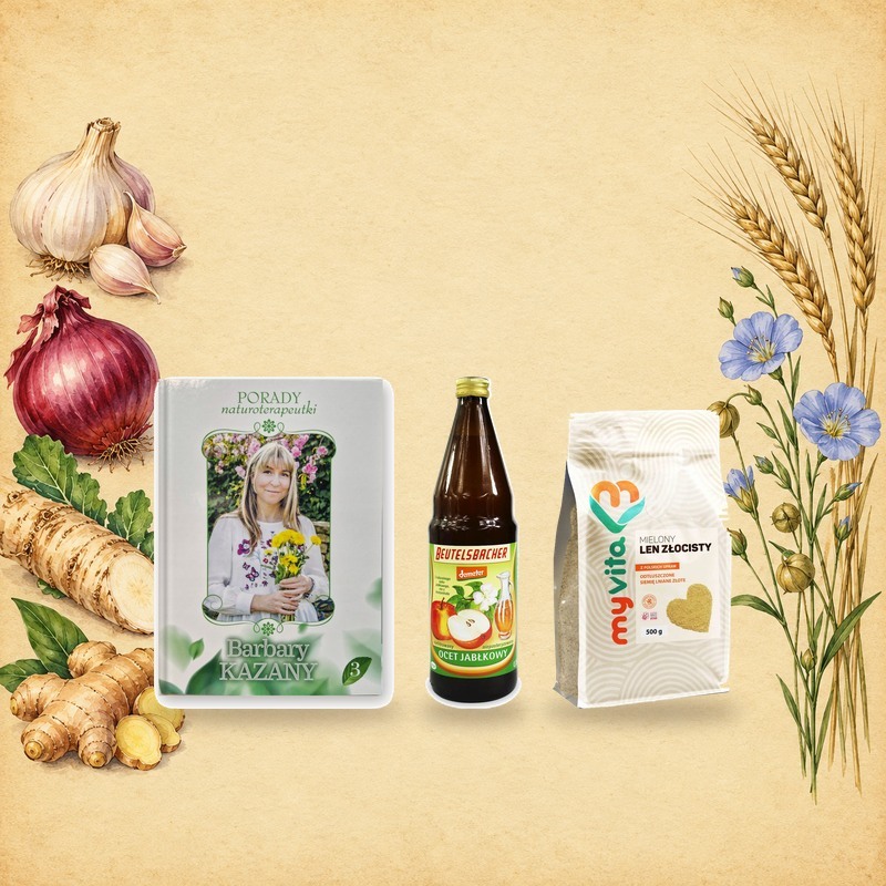 Przepisy Barbary Kazany: tom 3 Porad naturoterapeutki, ocet jabłkowy BIO 750 ml i mielone siemię lniane wśród akwarelowego czosnku, cebuli, chrzanu i imbiru oraz kłosów żyta z kwitnącym lnem