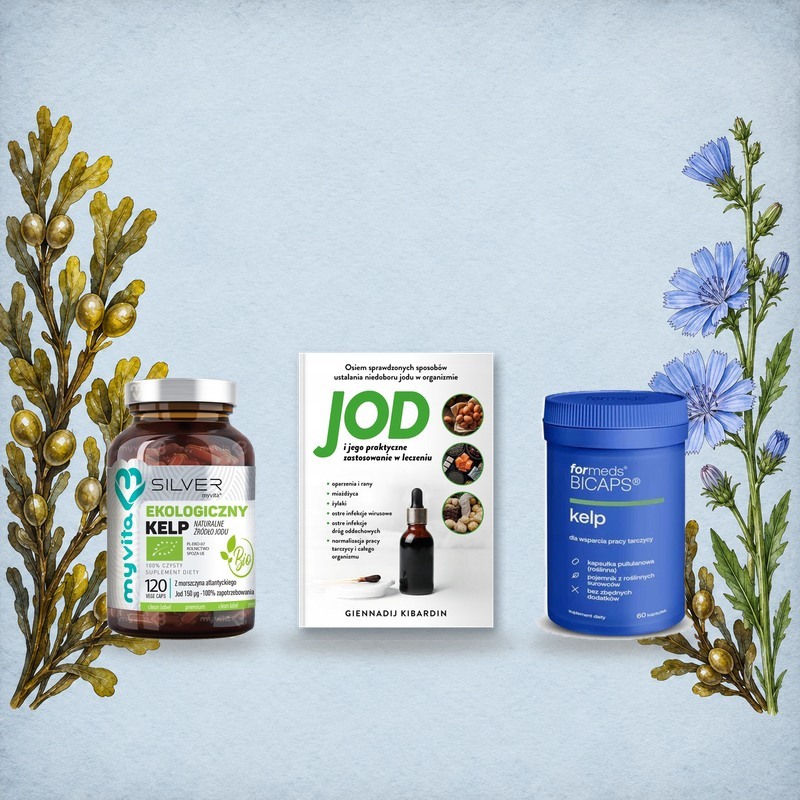 W czym jest jod: MyVita Ekologiczny Kelp BIO, książka Giennadija Kibardina o jodzie i ForMeds BICAPS Kelp wśród akwarelowego morszczynu pęcherzykowatego i kwitnącej cykorii podróżnik